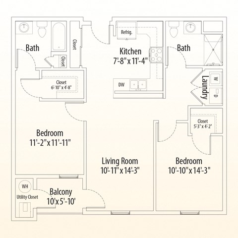 Floor plan for 2 beds, 2 baths, 940 sqft